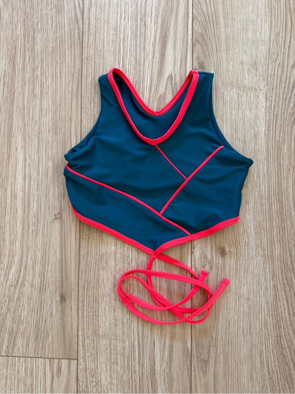 Girls Teal Crop Bikini Top with Pink Contrast Trim